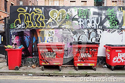 Manchester Backstreet Graffiti and Wheelie Bins Editorial Stock Photo