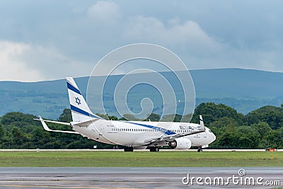 MANCHESTER UK, 30 MAY 2019: El Al Israel Airlines Boeing 737 flight LS804 to Tel Aviv holds short of runway 23L at Manchaester Editorial Stock Photo