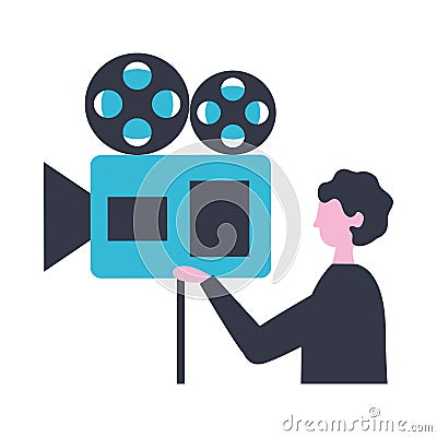 Mand holding camera reel strip production film Vector Illustration