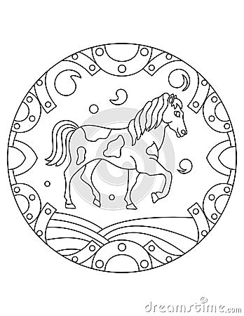 Mandala with an animal. Farm horse in a circular frame. Coloring page for kids and adults Vector Illustration