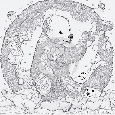 mandala, baby polar bear on white background, clean line art Stock Photo