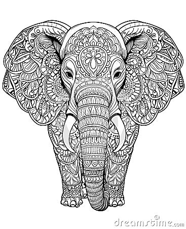 Mandala, black and white illustration for coloring animals, elephant. Cartoon Illustration