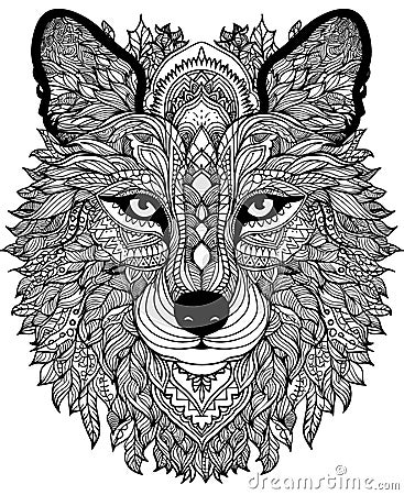 Mandala, black and white illustration for coloring animals, wolf. Cartoon Illustration