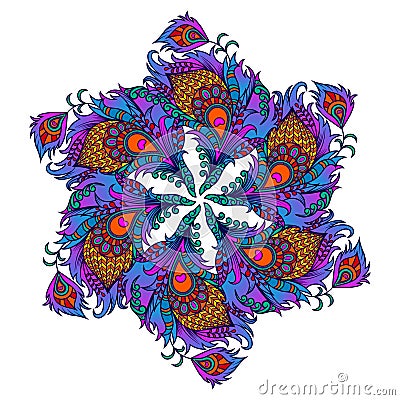 Mandala of the bright feathers of birds. Kaleidoscope, decorative feathers in modern style Vector Illustration