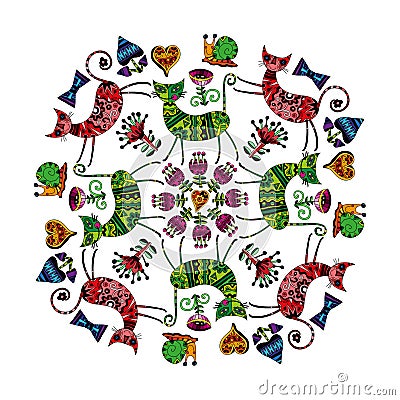 Mandala cats and flowers. Vector Illustration