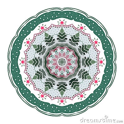 Mandala with christmas trees, toys and stars. Vector Illustration