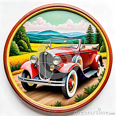 Mandala circle old touring red convertible sports car Cartoon Illustration