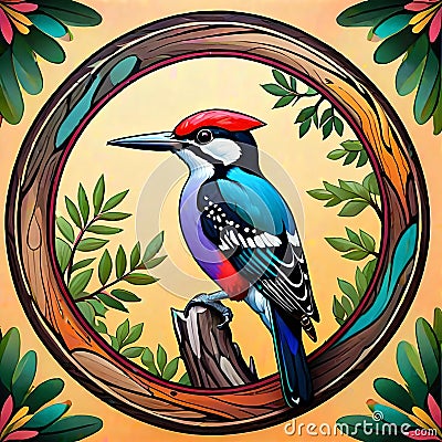Mandala circle woodpecker bird perching stump Cartoon Illustration