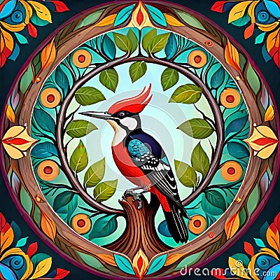 Mandala circle woodpecker floral leaf circular design Cartoon Illustration