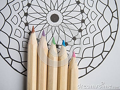 Mandala with colored pencils Stock Photo