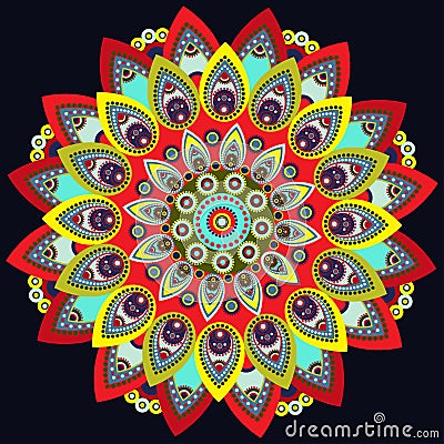 Mandala colorful. East, ethnic design, oriental pattern, round ornament. For use in fabric decor, , print, tattoo, fretwork, broo Vector Illustration