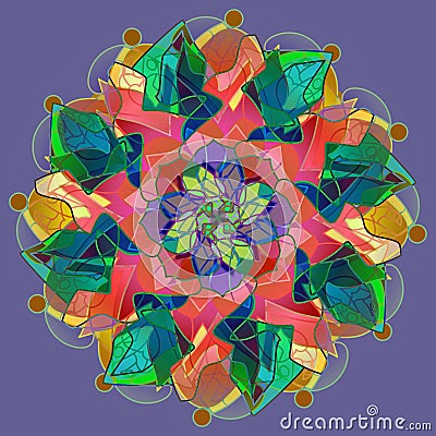 MANDALA FLOWER. PLAIN PURPLE BACKGROUND. CENTRAL DESIGN IN ORANGE, GREEN, BROWN, YELLOW, BLUE AND TUQUOISE. Stock Photo