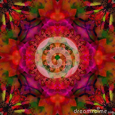 MANDALA FLOWER ART DECO WITH FOUR PETALS FLOWER IN THE CENTER, COLOR FUCHSIA, PURPLE, OLIVE AND RED IN THE BACKGROUND Stock Photo