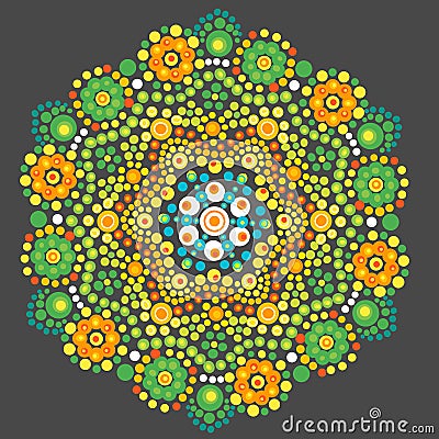 Mandala flower dot art. Orange, green and yellow dots. Illustration. Stock Photo