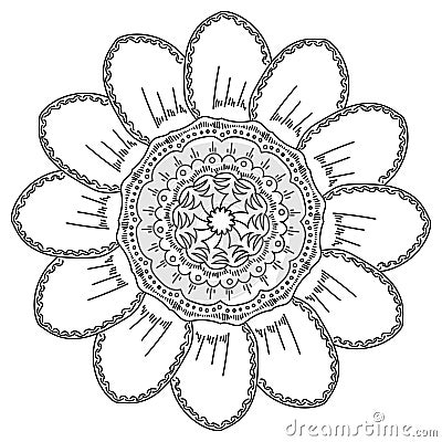 Mandala flower with rounded petals and layered core, anti stress coloring page for kids and adults Vector Illustration