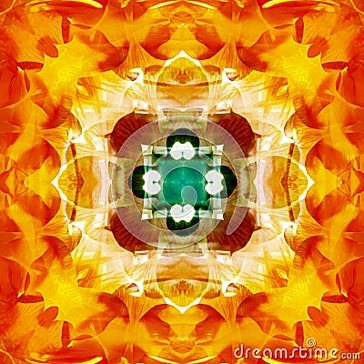 MANDALA FLOWER VINTAGE, WITH A CENTER FLOWER IN GOLD. DARK GREEN CROSS IN THE CENTER, WITH A SQUARE IN WHITE. PETALS IN RED Stock Photo