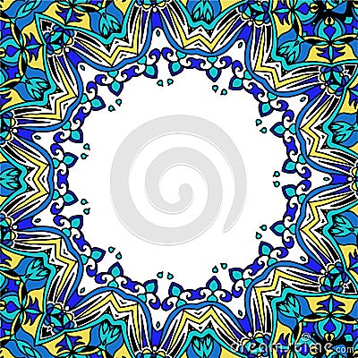 Mandala frame, colorful, beautiful design.Blue and yellow colors. Cartoon Illustration