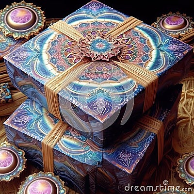mandala gift boxes tied with braid Stock Photo
