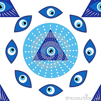 Mandala greek evil eye symbol of protection, blue turkish Vector Illustration