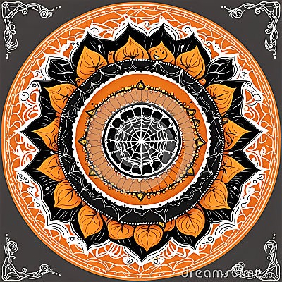 Mandala in Halloween style. Orange and black. Leaves, cobwebs Stock Photo