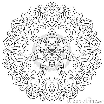 Mandala with hearts for coloring book. Circular symmetrical Vector Illustration