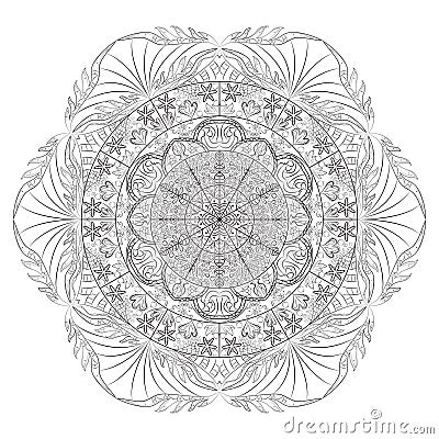 Mandala illustration. Round ornament pattern. Black lines white background. Vector Illustration
