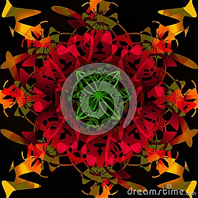 MANDALA LACE, CENTER IN GREEN, CIRCLE IN DIFERENT KIND OF REDS, GOLD, ORANGE, BROWN, BLACK BACKGROUND Stock Photo
