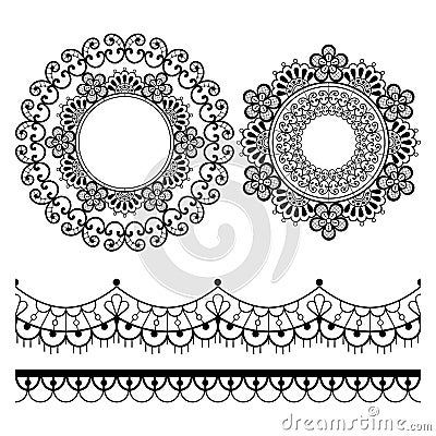 Mandala lace vector pattern, vintage round design with flowers and swirls in black on white background Stock Photo