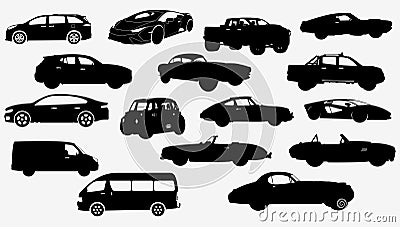 set of sixteen cars vehicles silhouettes Vector Illustration