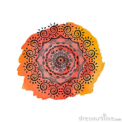 Mandala on the orange watercolor stain. Vector ornament, round decorative element for your design Vector Illustration