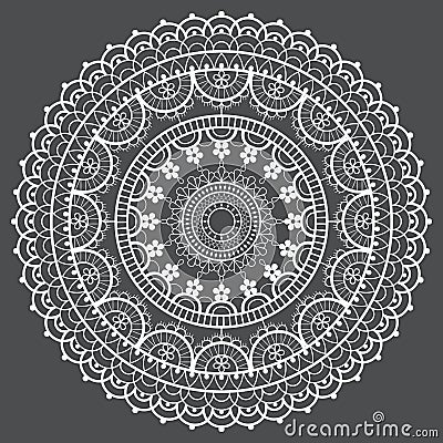 Mandala retro lace vector pattern, round design with flowers and swirls in white on gray background Vector Illustration