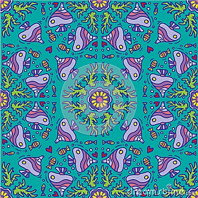 Mandala seamless pattern background with fish animals marine ornament pattern. Vector Illustration