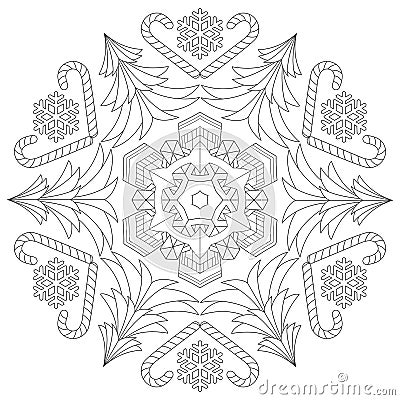 Mandala with snowflake, Christmas trees and lollipops. Vector Illustration
