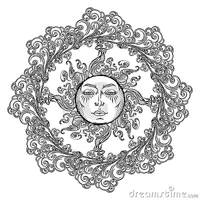 Mandala tattoo. Fairytale style sun with a human face surrounded by curly ornate clouds. Decorative element for coloring Vector Illustration