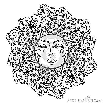 Mandala tattoo. Fairytale style sun with a human face surrounded by curly ornate clouds. Decorative element for coloring Vector Illustration