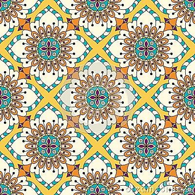 Mandala texture in bright colors. Seamless pattern on indian style. Abstract vector background Vector Illustration