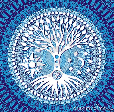 Mandala Tree of Life. Symbolic tree on blue tracery background. Vector Vector Illustration