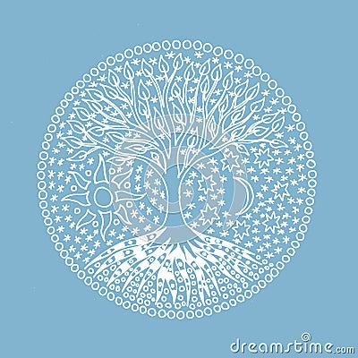 Mandala Tree of Life. Symbolic tree on blue background. Stock Photo