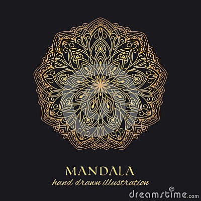 Mandala vector ornament luxury design. Golden round graphic element on black background Vector Illustration