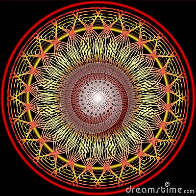 Mandala in warm colors for vitality obtaining. Filigree embroidery patterns in yellow, orange and red. Vector Illustration