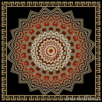 Mandala. Zigzag ornament. Zig zag pattern with square meander frame, border. Roung colorful mandala with greek key meanders Vector Illustration