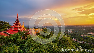Mandalay Hill viewpoint major pilgrimage site and Su taung pyae pagoda Mandalay hill temple, Mandalay, Myanmar Stock Photo
