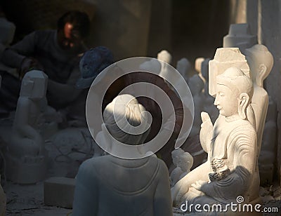 Buddha in the Making, Stone Carving Workshop, Mandalay, Myanmar Editorial Stock Photo