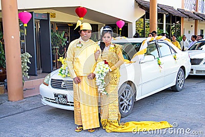 MANDALAY, MYANMAR - November 15, 2015 :Burmese couple wear traditional clothes in a traditional wedding event Editorial Stock Photo