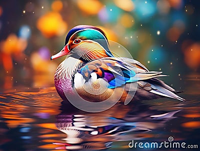 Mandarin duck floating and calm on the water Cartoon Illustration
