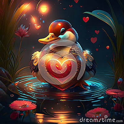 Mandarin Duck hugging heart Valentine's day card with cute duck with heart in water Generative AI animal ai Stock Photo