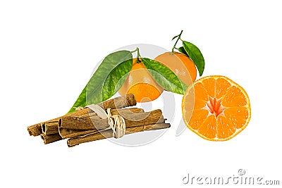 Mandarin with leaves and cinnamon Stock Photo