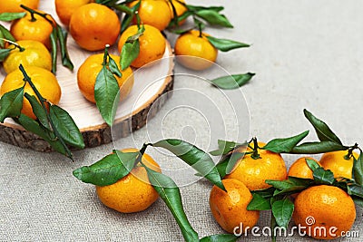 Mandarin oranges with leaves on rustic background. Citrus fruits on wood plank with copy space Stock Photo