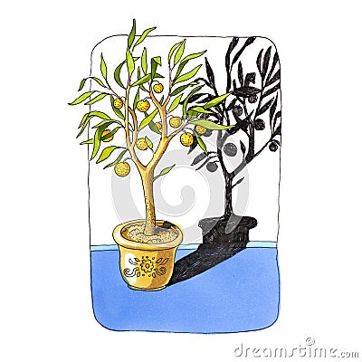 Mandarin tree in a pot with a shadow. marker illustration. Cartoon Illustration