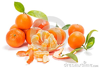 Mandarins or clementines with segments with leaves Stock Photo